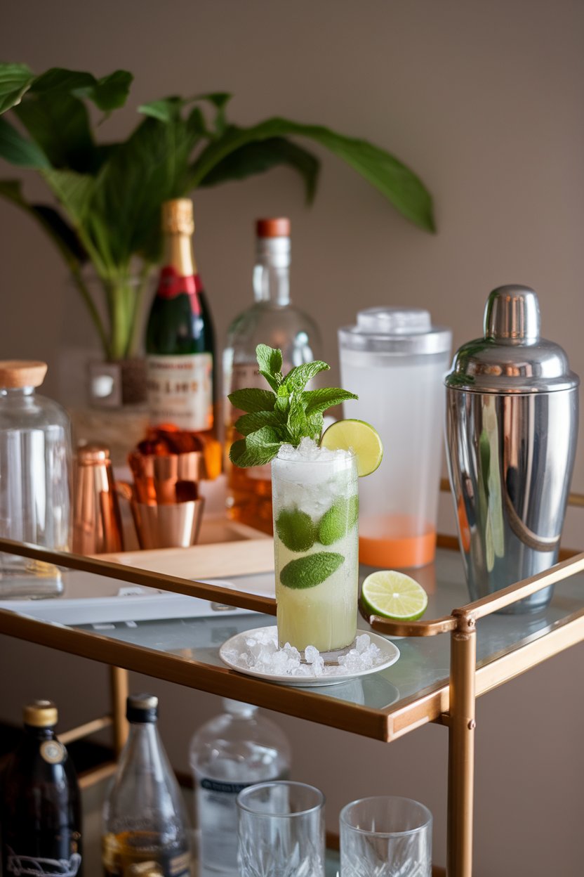An indoor bar cart with a tall glass Champagne Mojito, mint bouquet and lime wheel perched on crushed ice. No text or logos.