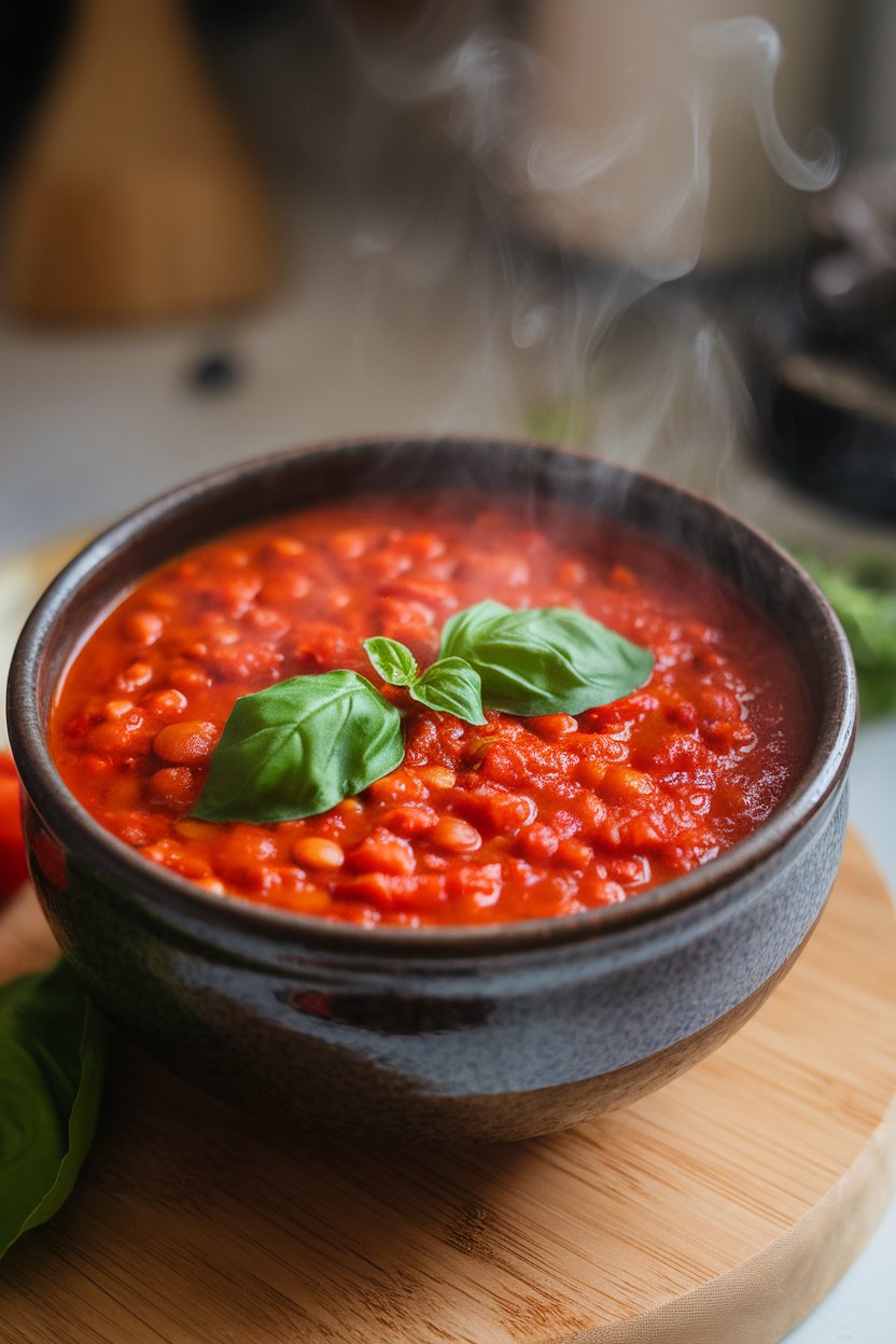 Indoor photo of a steaming bowl of red tomato and lentil soup garnished with ribboned basil leaves; no text or logos.