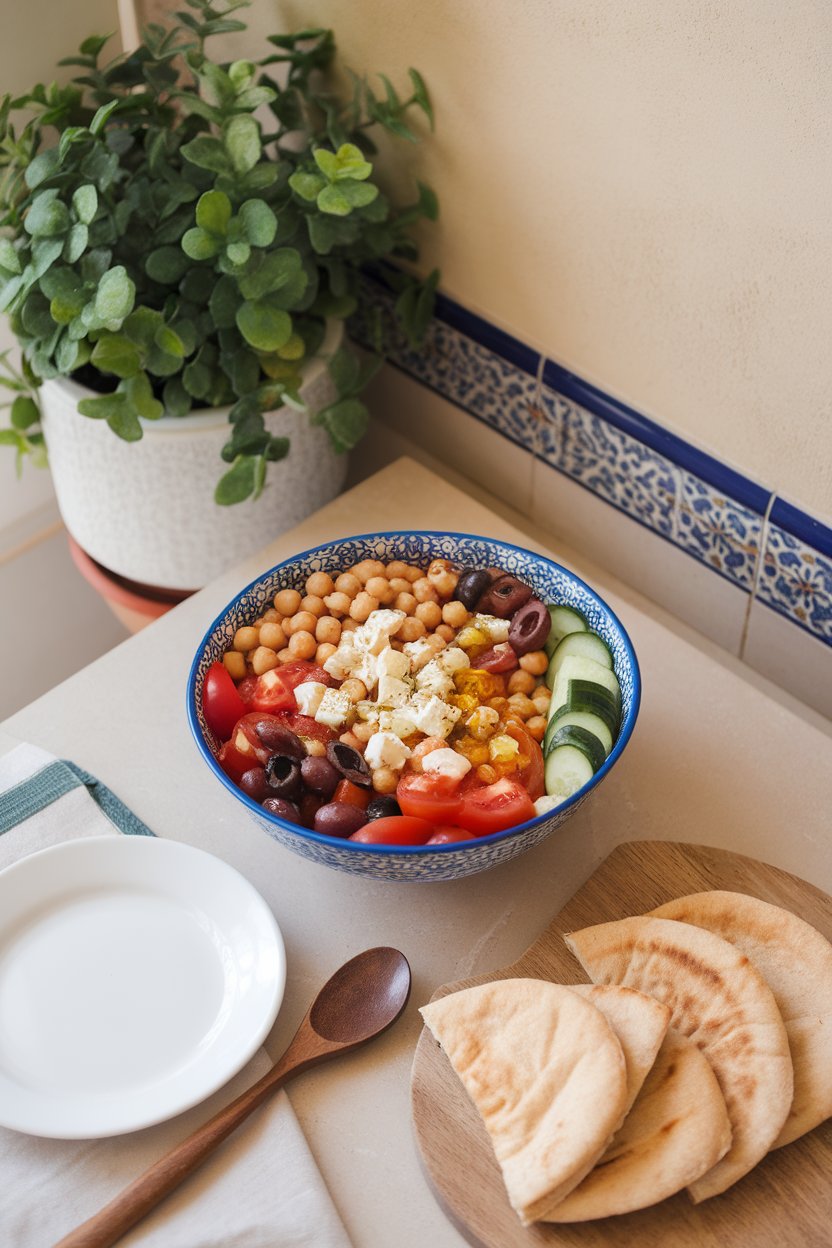 Indoor lunch table with a colorful bowl of chickpeas, cucumbers, tomatoes, olives, and feta tossed in olive oil. No text or logos, photo not illustration.