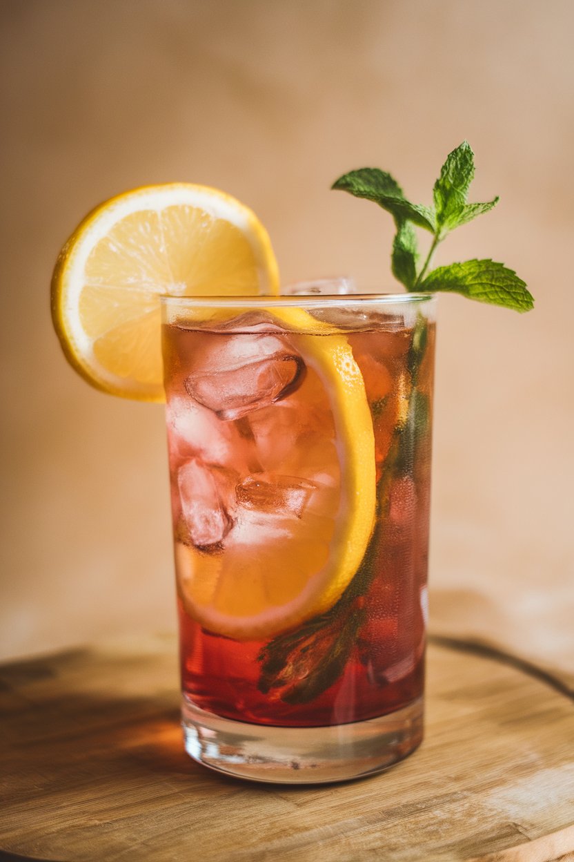 Indoor highball glass of ruby hibiscus iced tea fizz, lemon wheel perched on rim. No branding visible.