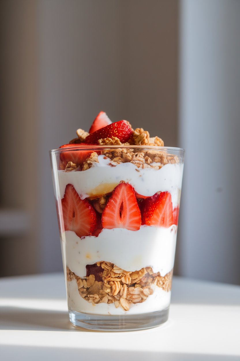 Indoor natural-light photo of a glass parfait layered with plain Greek yogurt, sliced strawberries, granola, and a light drizzle of honey. No text or logos.