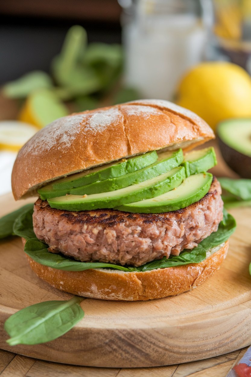 An indoor countertop displaying a turkey burger patty on a whole-grain bun, topped with avocado slices and spinach. No logos or text. Photo.