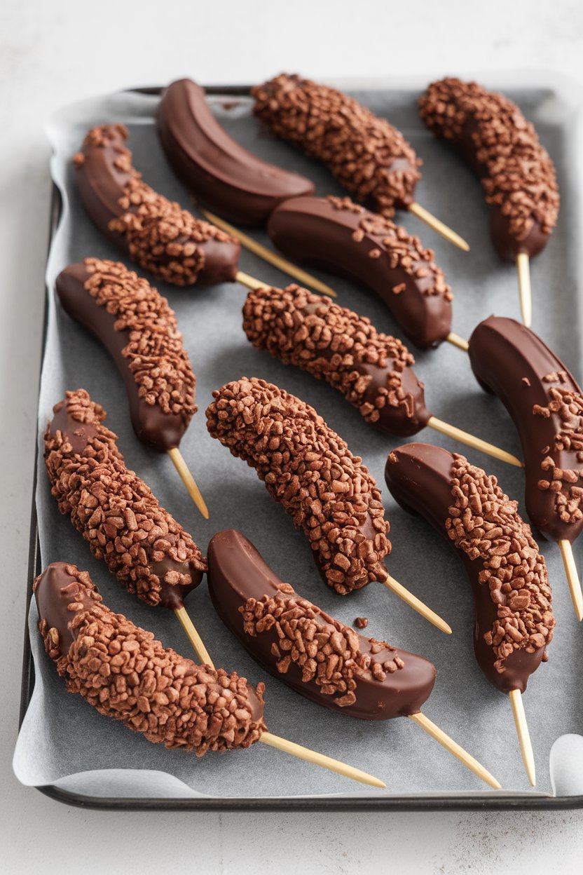 Indoor photo of half-bananas on sticks coated in dark chocolate and rolled in cacao nibs, set on a lined tray. No text or logos.