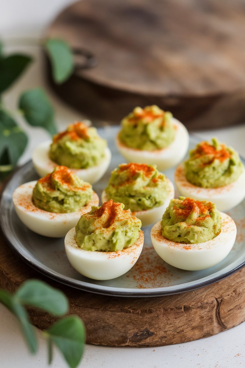 A photo of a small indoor platter displaying halved hard-boiled eggs filled with avocado mash and sprinkled with paprika. No text or logos.