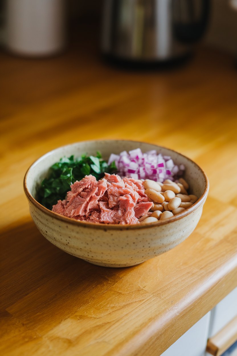 A bowl on an indoor countertop containing albacore tuna flakes, cannellini beans, chopped parsley, and red onion. No logos or text.