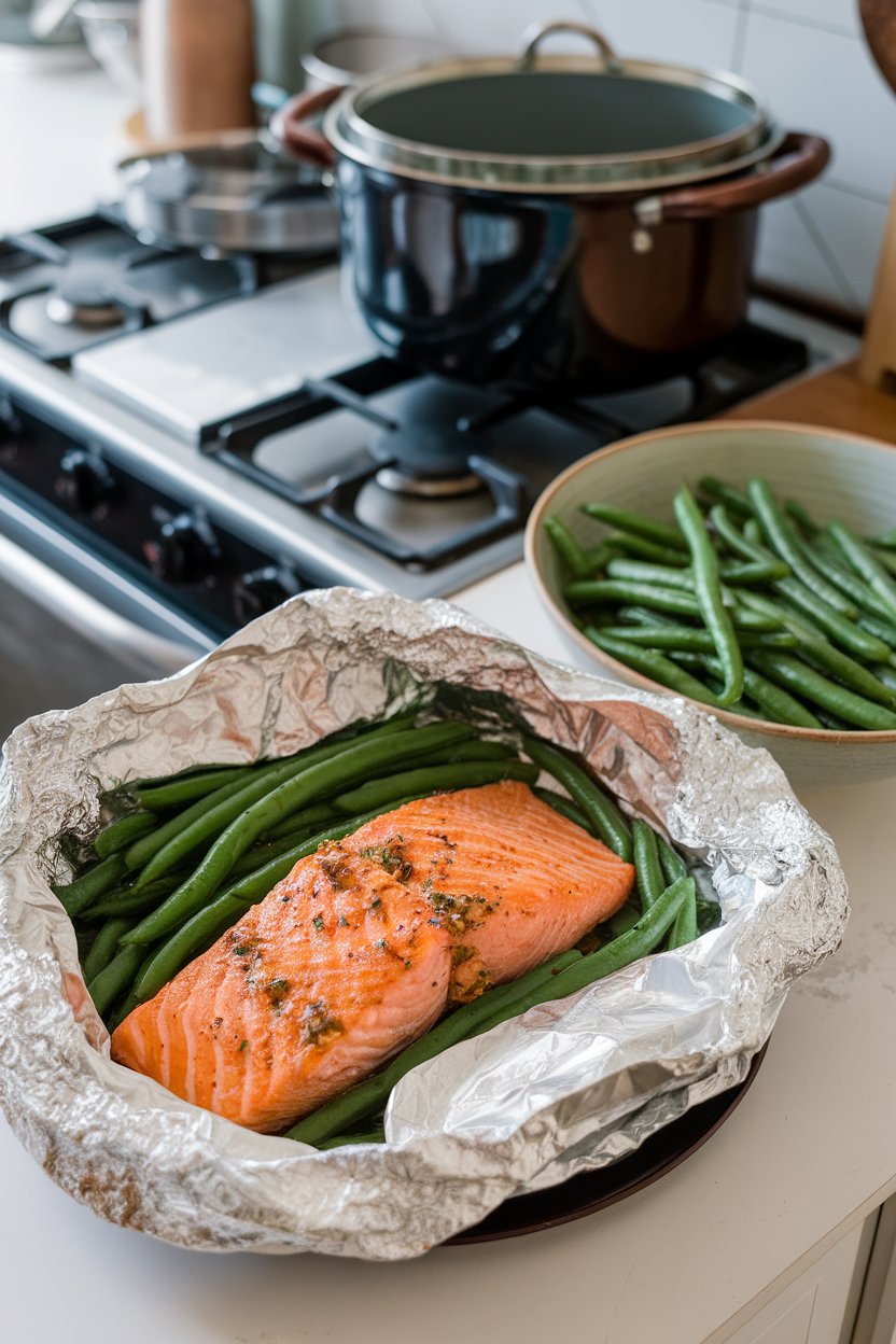 Indoor kitchen scene with an opened foil packet revealing cooked salmon glazed with maple-dijon sauce and green beans—no raw fish, no text or logos.