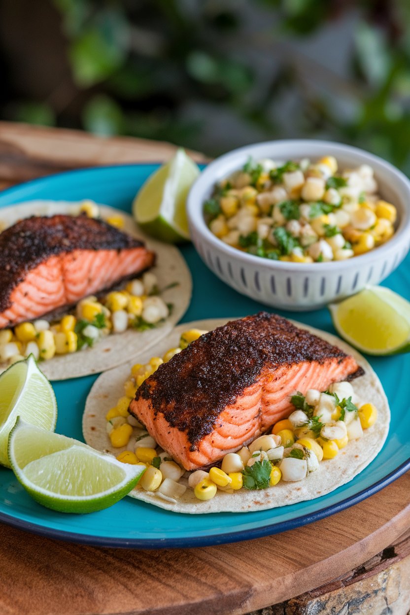 Photo of indoor plate featuring blackened salmon chunks, corn salsa, and lime slices on tortillas. No logos or text.