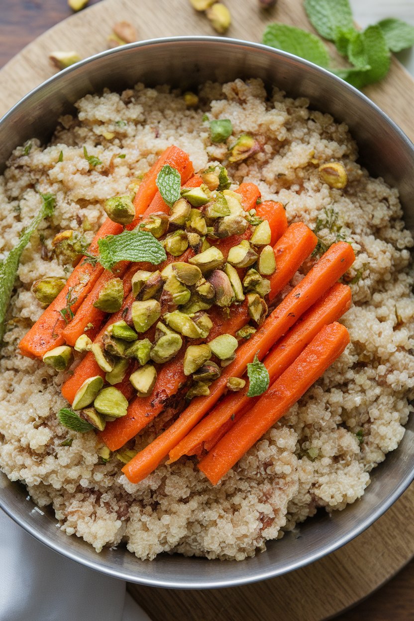A large indoor salad bowl of fluffy quinoa topped with harissa-roasted carrot sticks, pistachios, and mint; no text or logos.