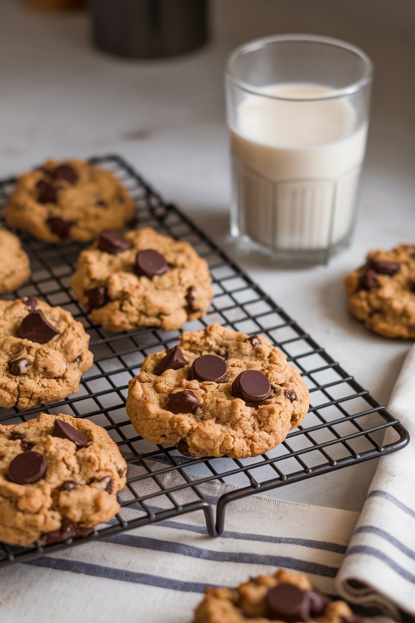 An indoor cooling rack with chewy tahini cookies studded with dark chocolate chunks, a glass of almond milk in the background. No text or logos.