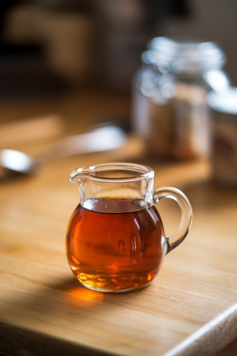 Indoor photo of a small glass pitcher of maple syrup with amber color, wooden table surface, no text or logos