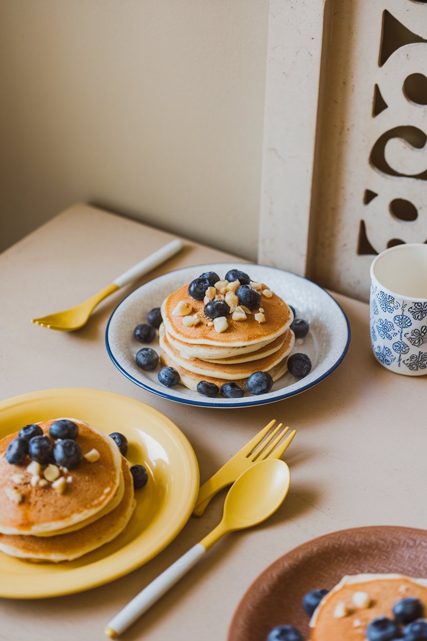 Indoor breakfast table with pancakes topped with blueberries and crushed macadamias; no text or logos.