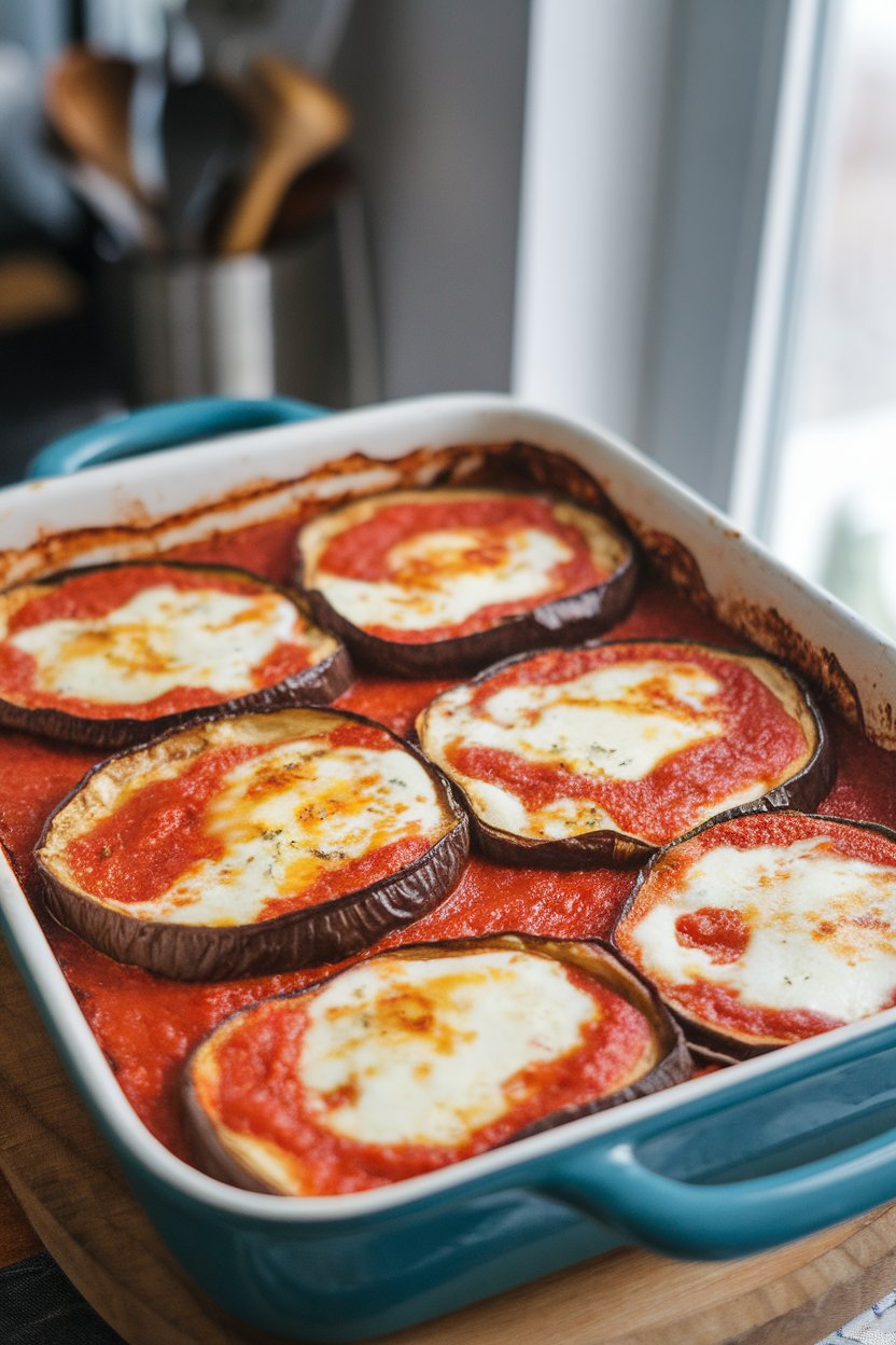 Photo of golden baked eggplant slices layered with marinara and melted mozzarella in a casserole dish indoors; no text or logos in scene.