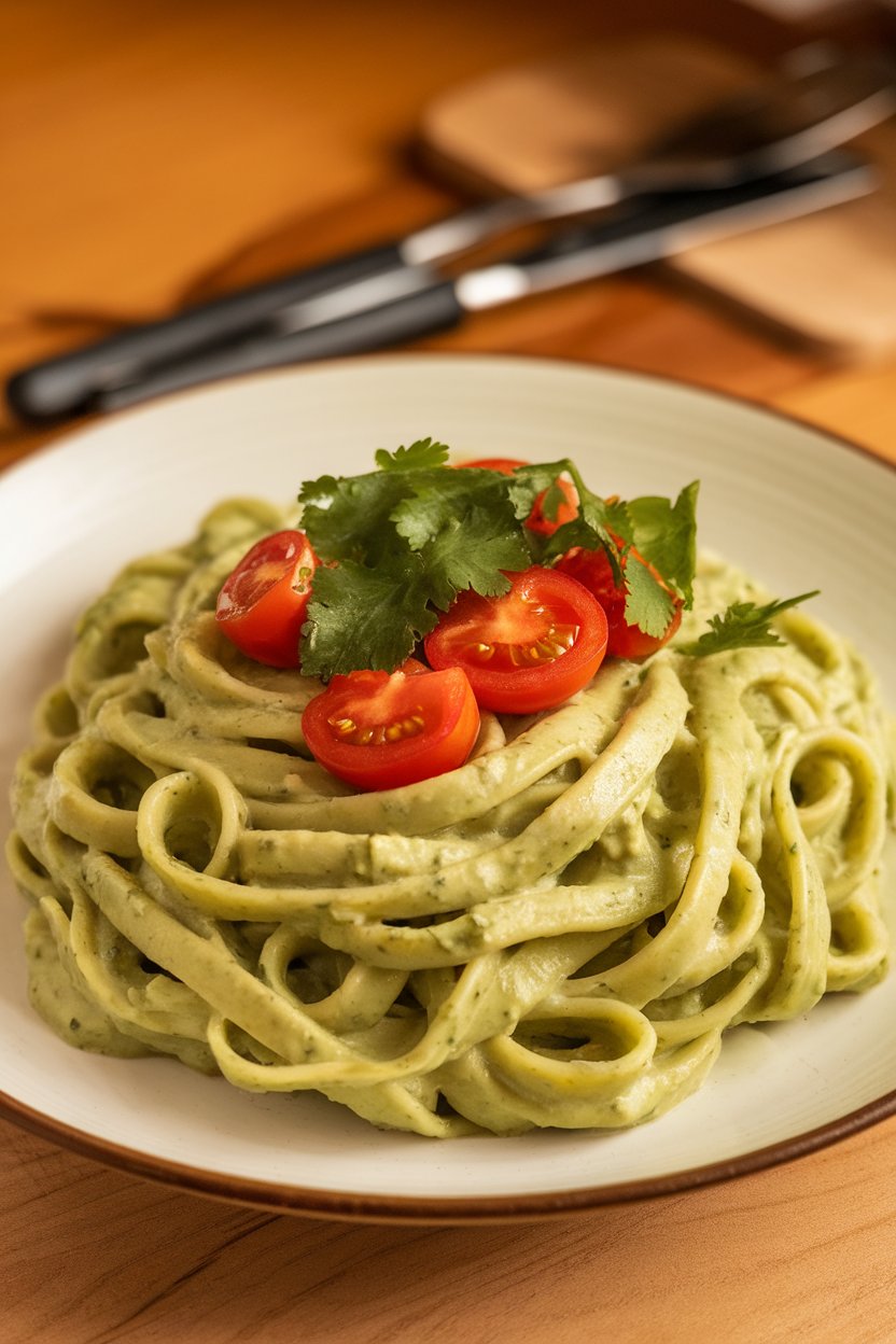 Indoor shot of linguine coated in pale green avocado sauce, topped with cherry tomato halves and cilantro. No text or logos.
