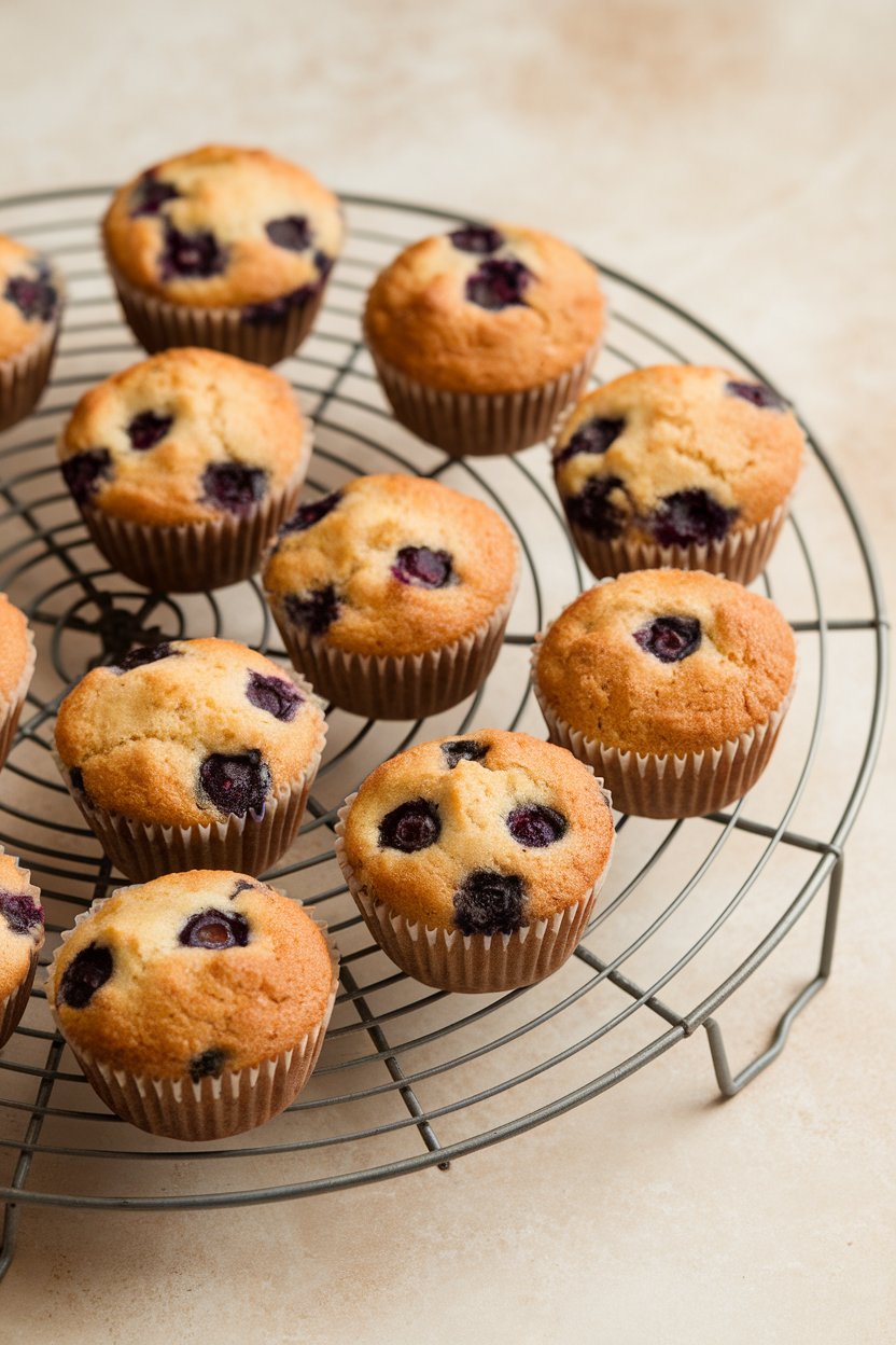 Indoor wire cooling rack holding small almond-flour muffins with visible blueberry flecks. No text or logos present.