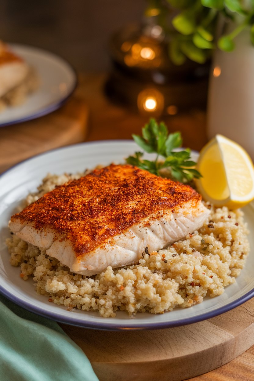 Indoor photo of a plate featuring baked tilapia fillet coated in Cajun spices next to fluffy quinoa; warm indoor lighting, no text or logos