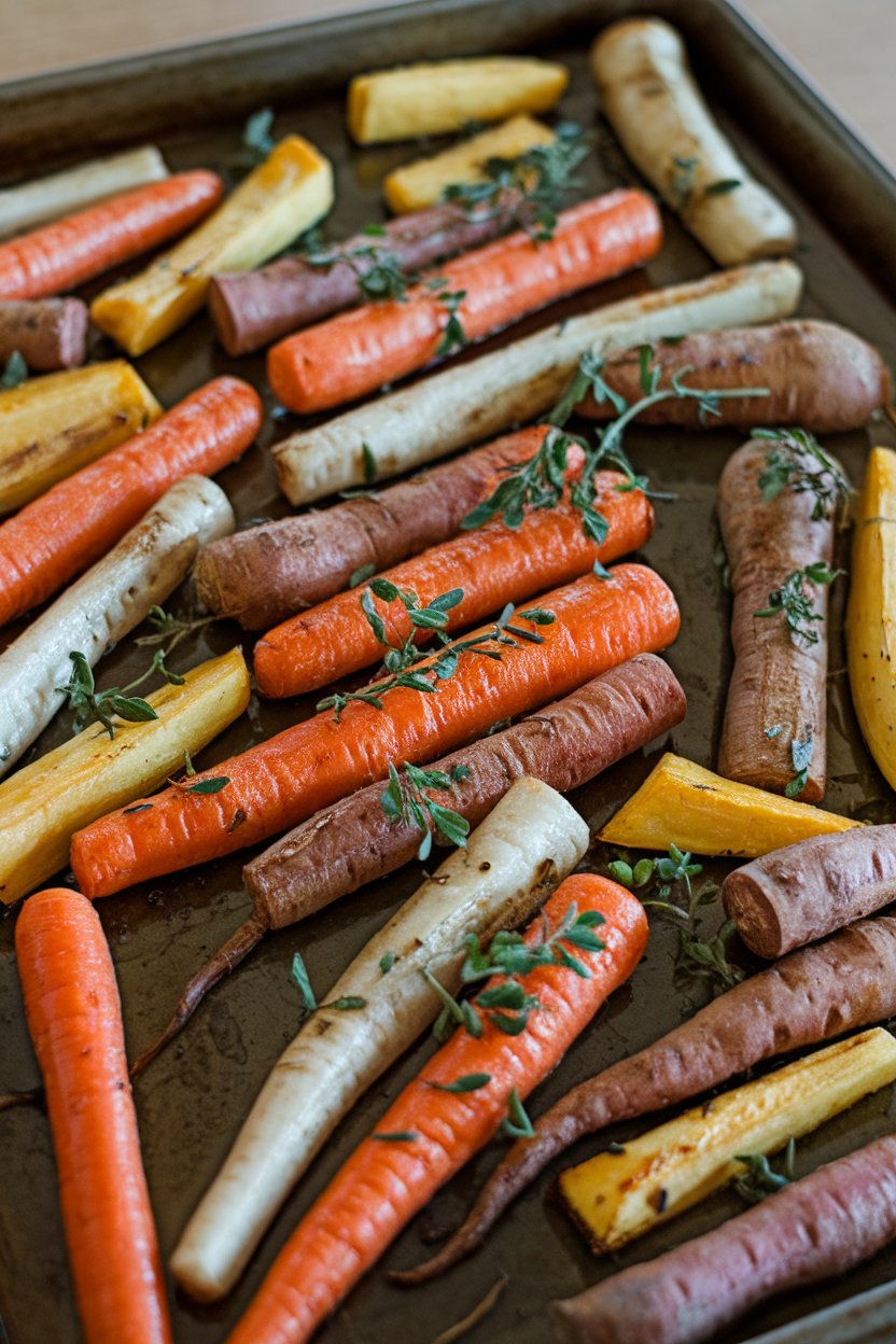 Photo, indoors, baking sheet of assorted roasted root vegetables—carrots, parsnips, sweet potatoes—glossed with herbs. No text or logos.