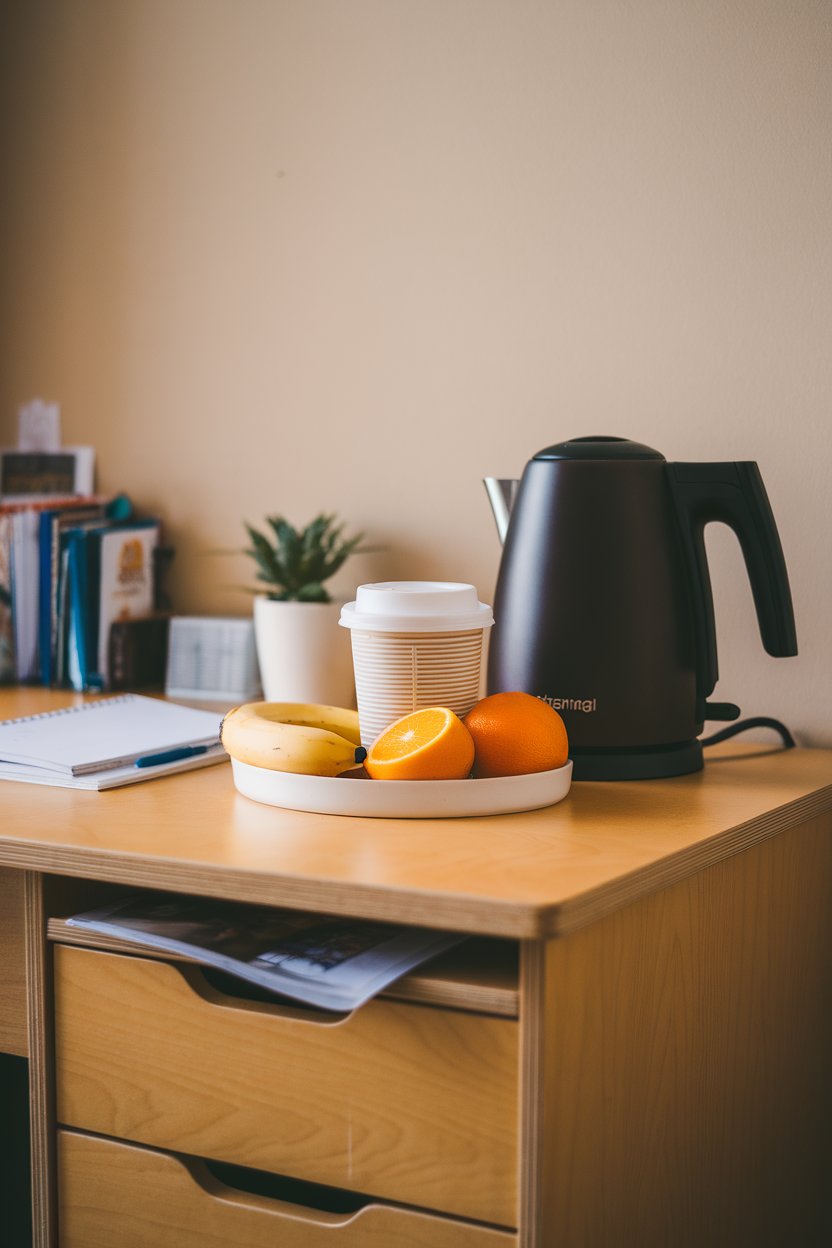 An indoor dorm desk with an electric kettle, oatmeal cup, and fruit; no logos visible. Photo only.