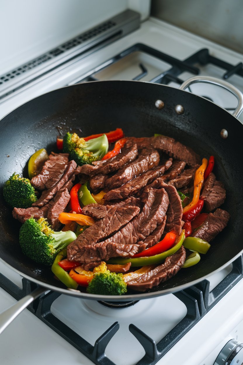 Photo of an indoor wok on the stove containing strips of beef, broccoli, and bell peppers coated in a glossy sauce, no text or logos