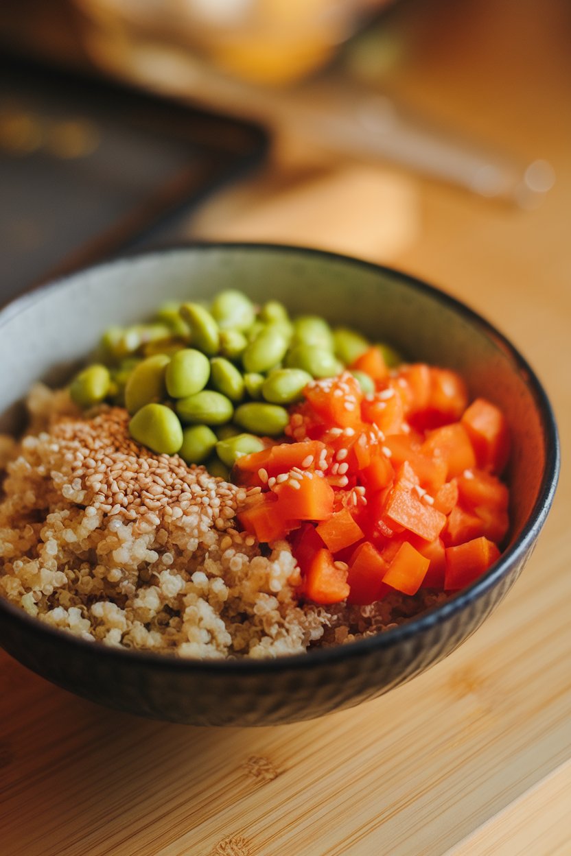 Photo of quinoa, shelled edamame, diced bell pepper, and sesame seeds in a bowl indoors, no text or logos.