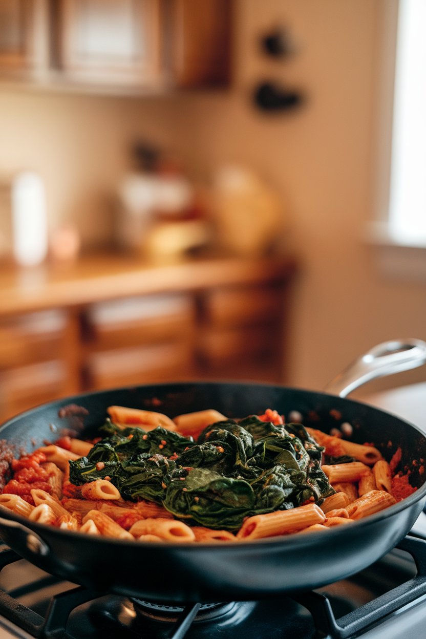 Indoor photo of a skillet filled with whole-wheat penne, chunky tomato sauce, and wilted spinach; stove-top lighting, no text or logos