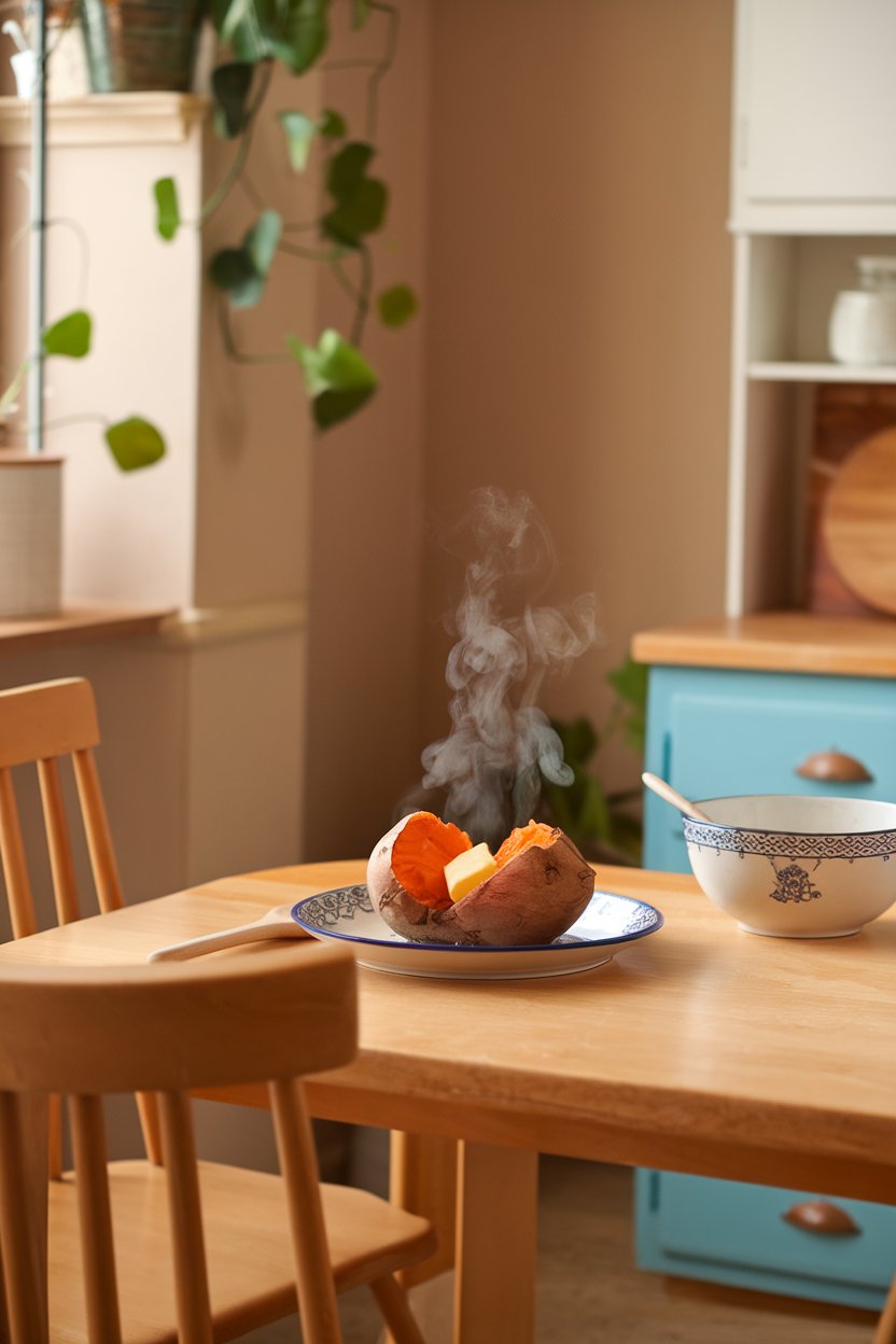 Cozy indoor kitchen scene showcasing a baked sweet potato split open on a plate, steam rising, topped with a pat of butter. No branding or text. Photo.