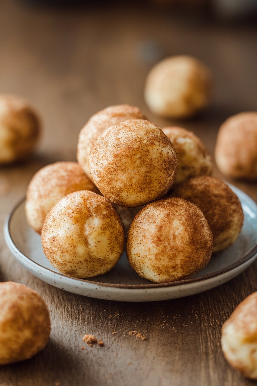 Photo of a small indoor plate holding round cinnamon-sugar snickerdoodle protein bites, no text or logos.