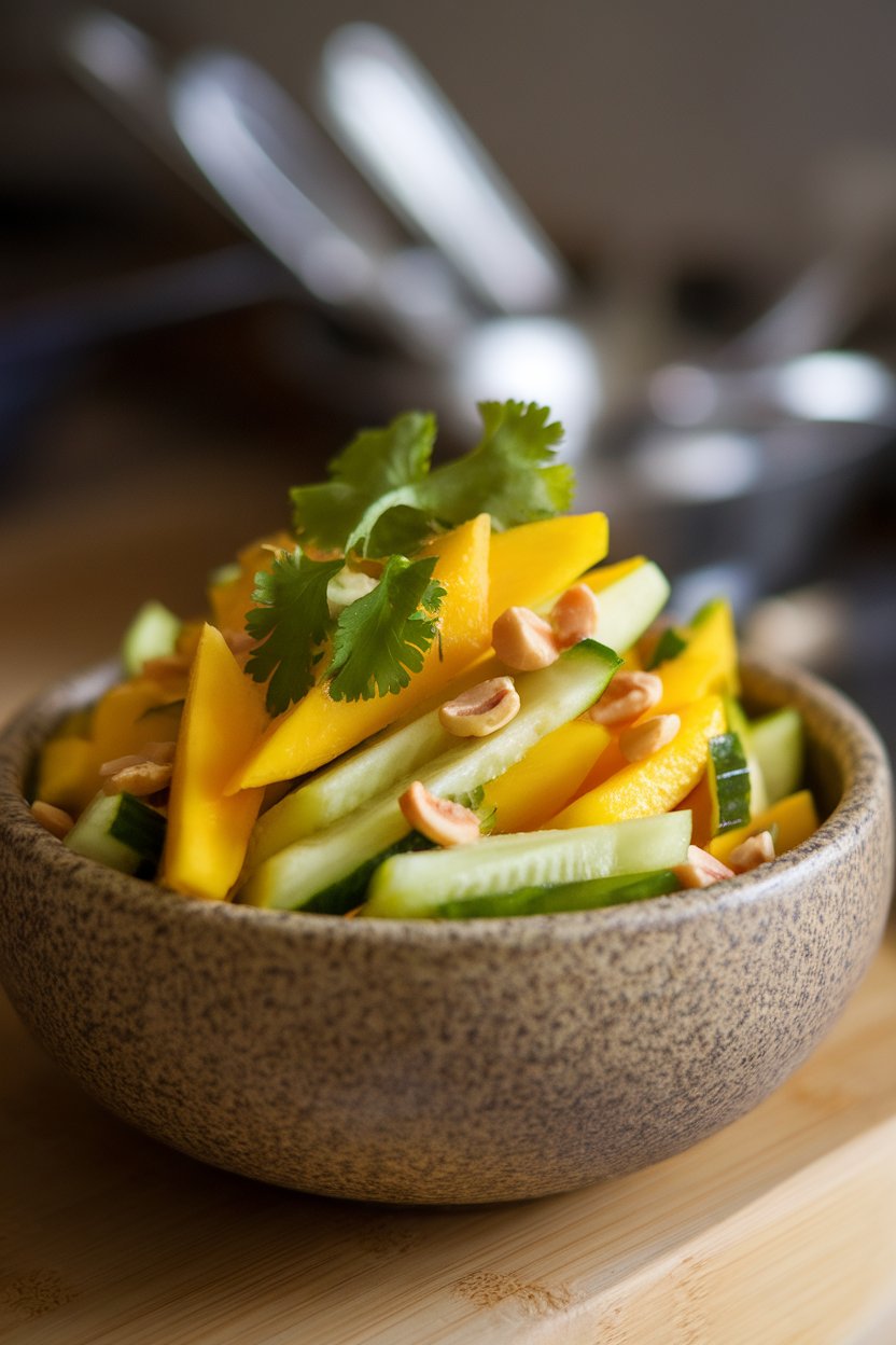 Photo of julienned mango and cucumber with cilantro and chopped peanuts in a stoneware bowl indoors, no text or logos.