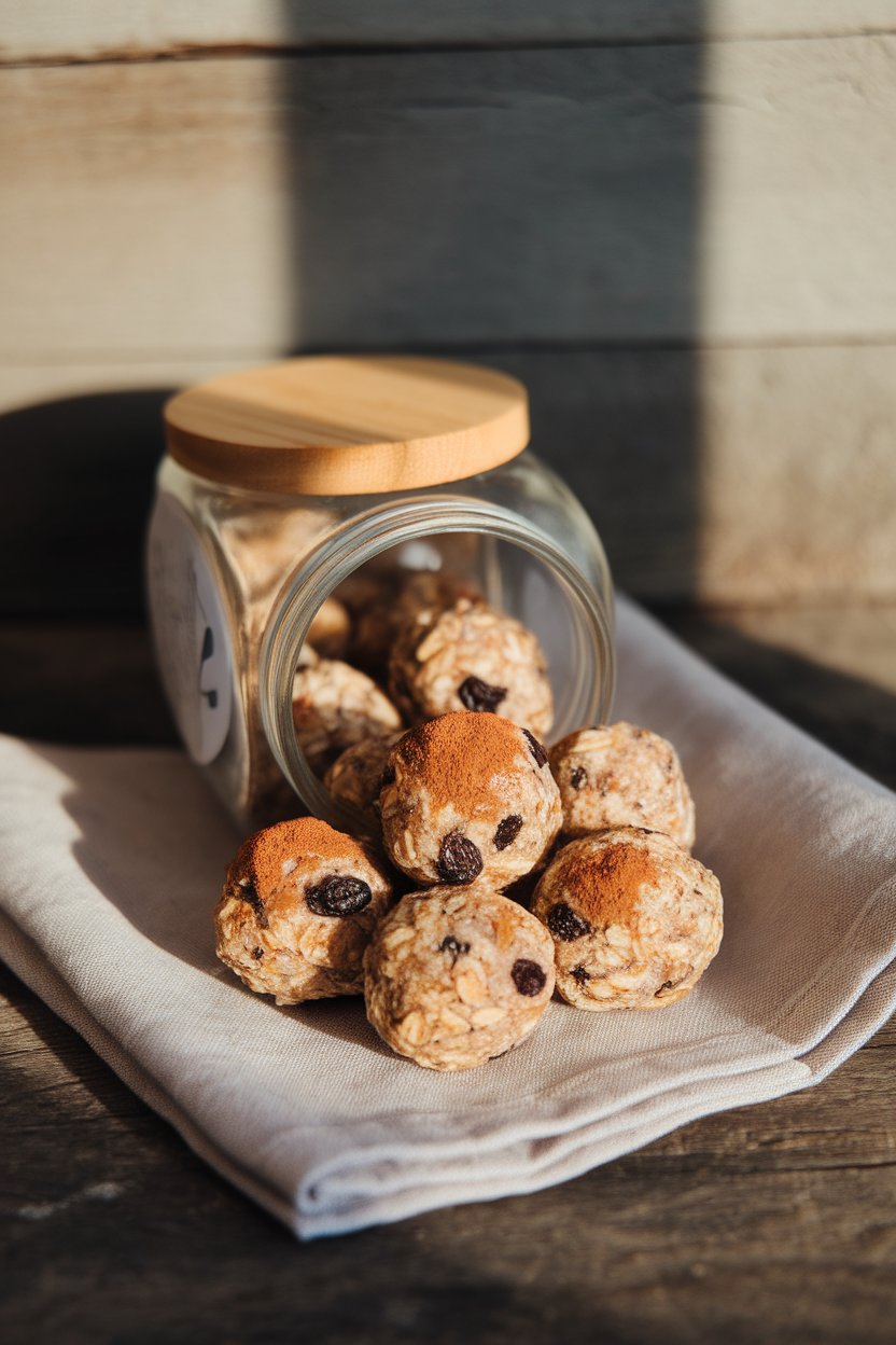 A small indoor jar spilling out cinnamon-dusted oatmeal raisin protein balls onto a linen napkin. No text or logos.