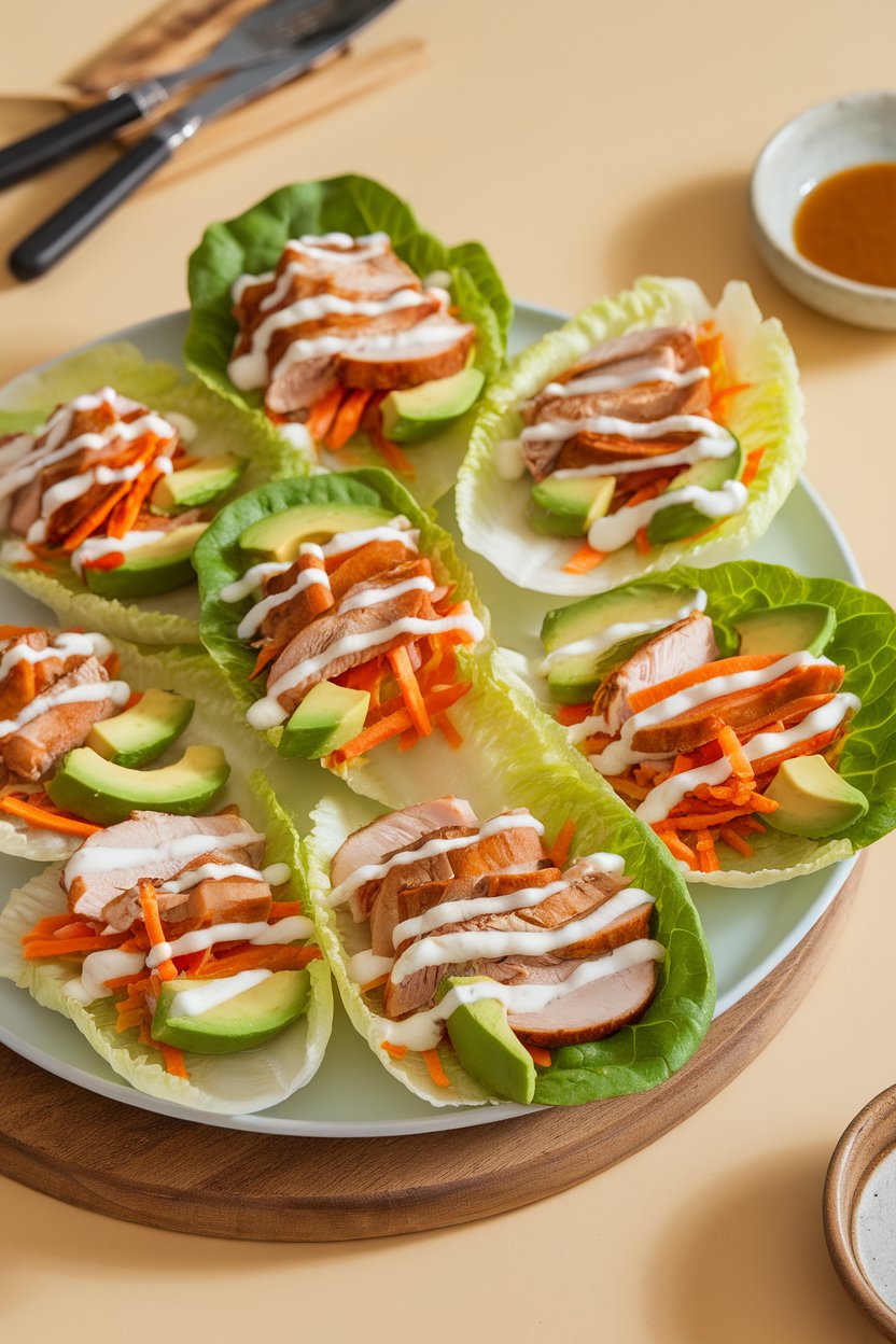 Indoor plate view of butter-lettuce leaves filled with sliced roast turkey, creamy avocado wedges, shredded carrots, and a light yogurt drizzle; bright kitchen lighting; photo, no text or logos.