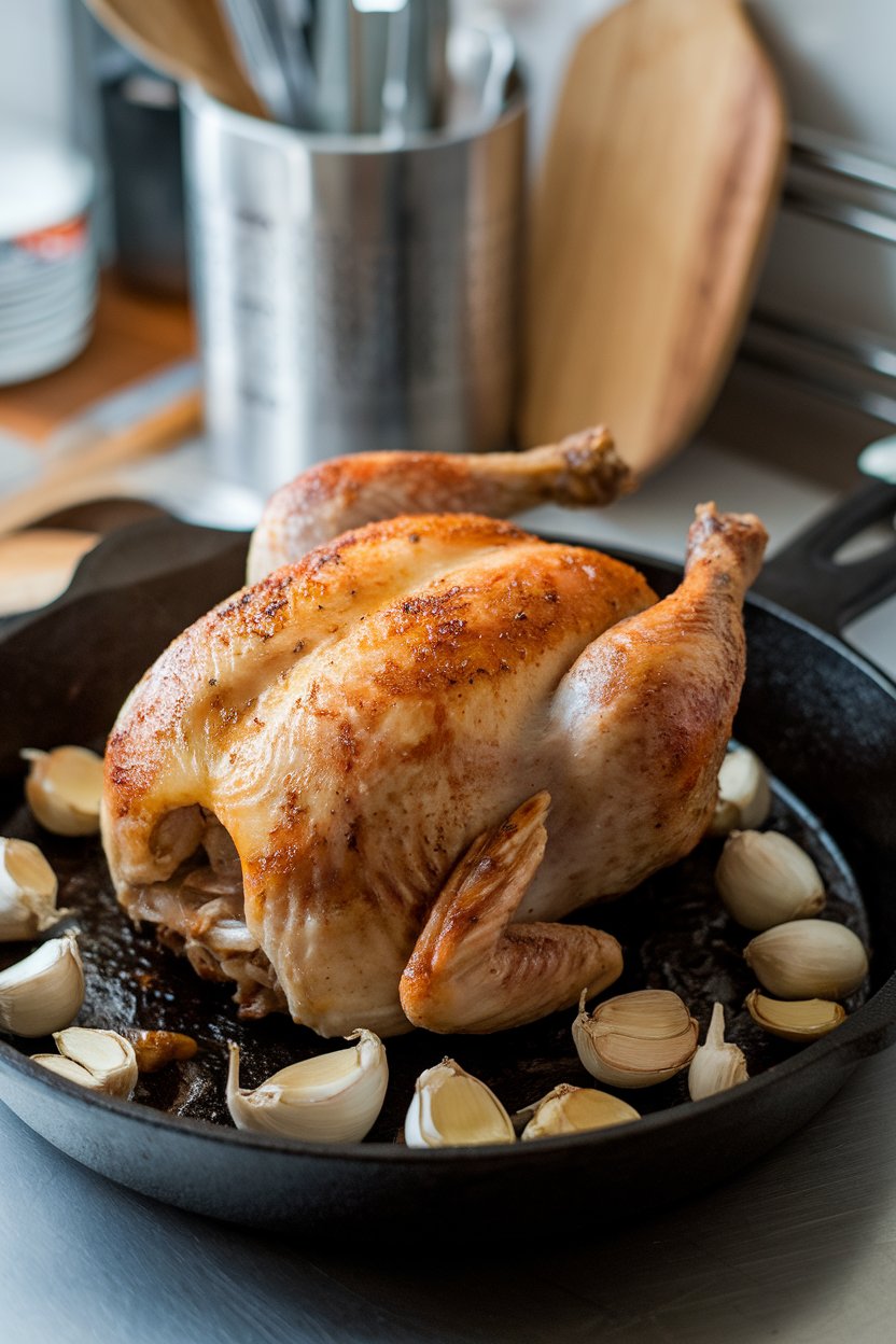 An indoor kitchen counter with a roasted chicken in a cast-iron skillet, golden skin and roasted garlic cloves scattered around—no logos or text. Photo.