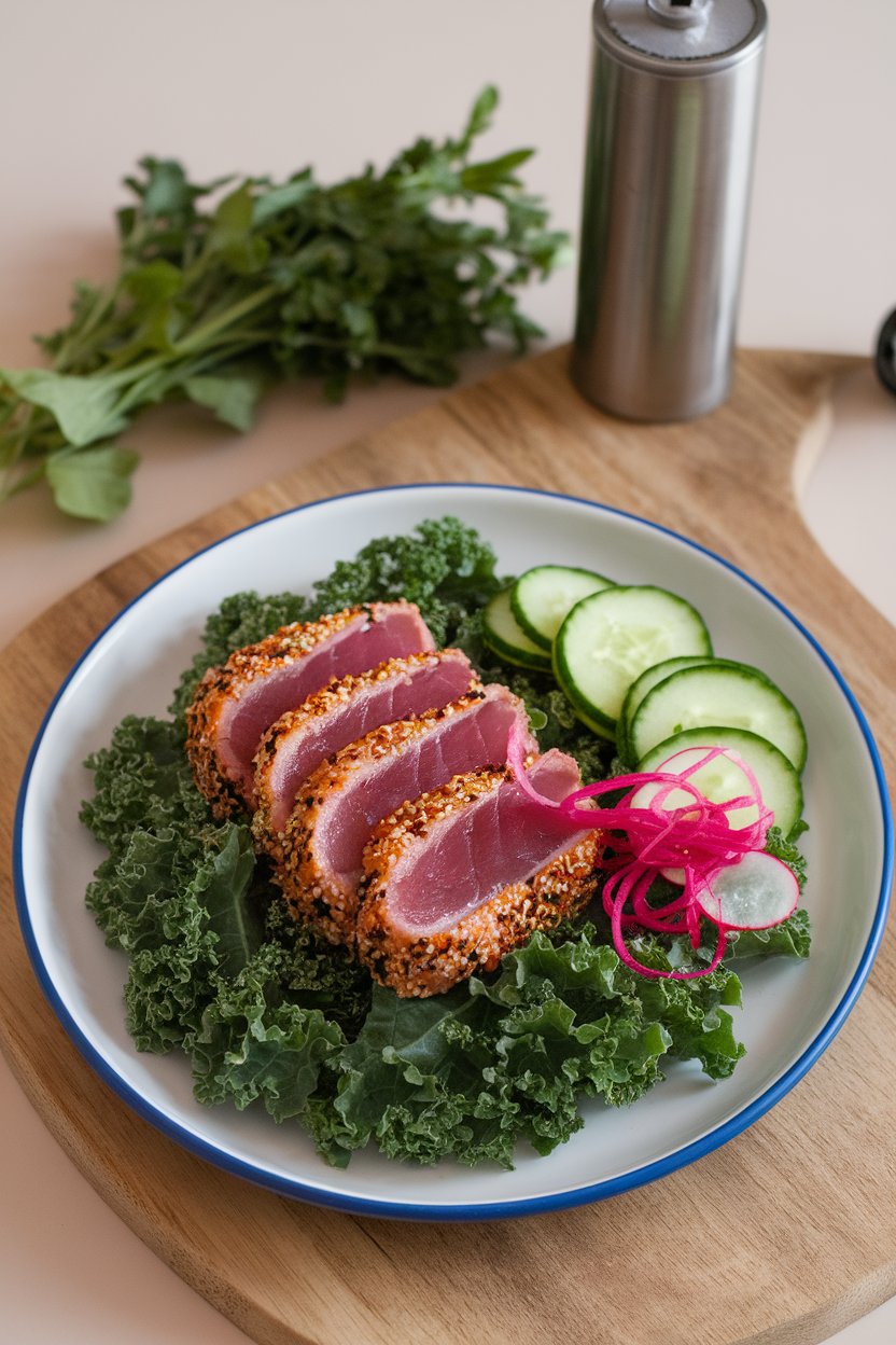 Indoor photo of seared sesame-crusted tuna slices on a bed of massaged kale, with cucumber ribbons and pickled radish. No text or logos.