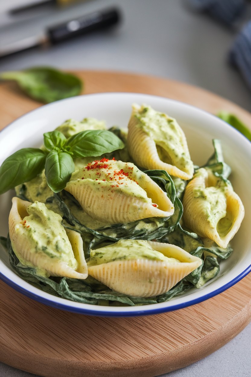 An indoor serving dish of pasta shells coated in creamy green avocado sauce with spinach ribbons; photo only, no text or logos.