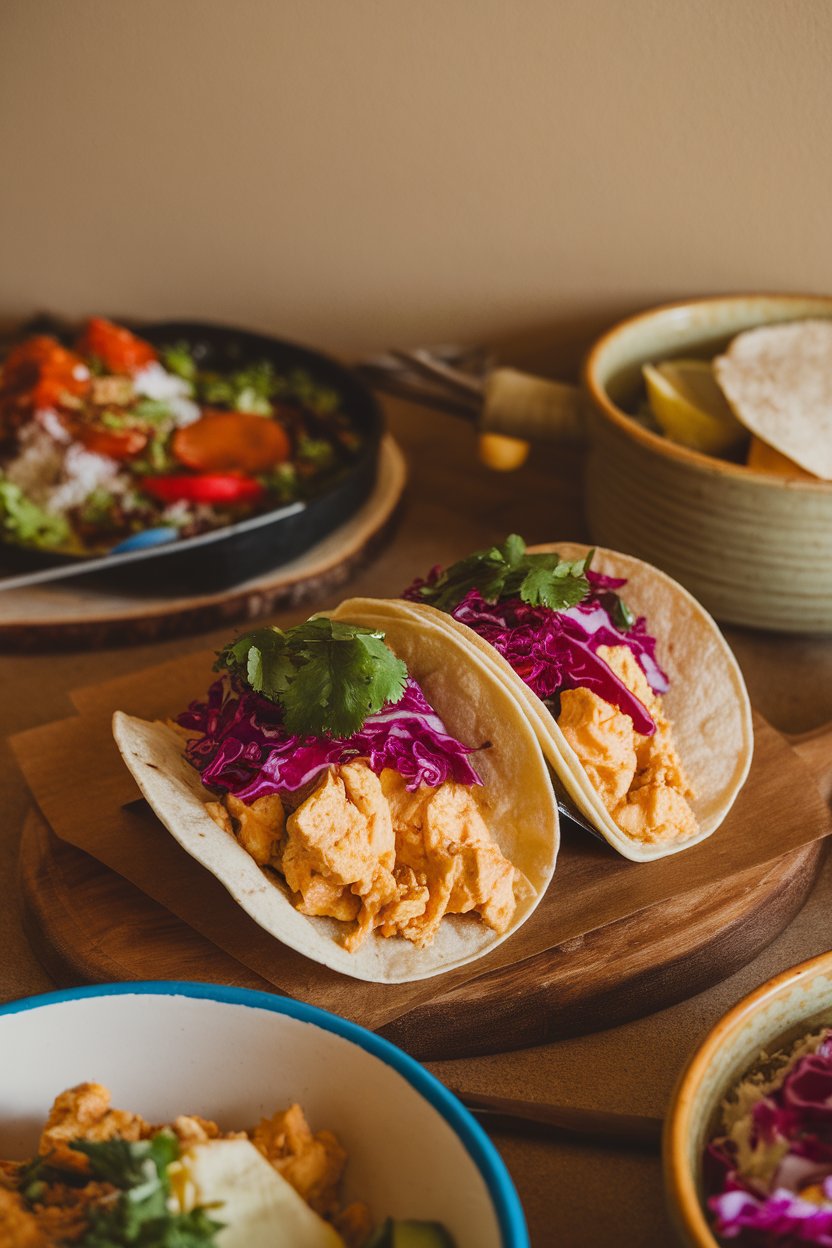 Photo of indoor tabletop showing tacos with coconut curry cod flakes, sliced red cabbage, and cilantro. No logos or text.