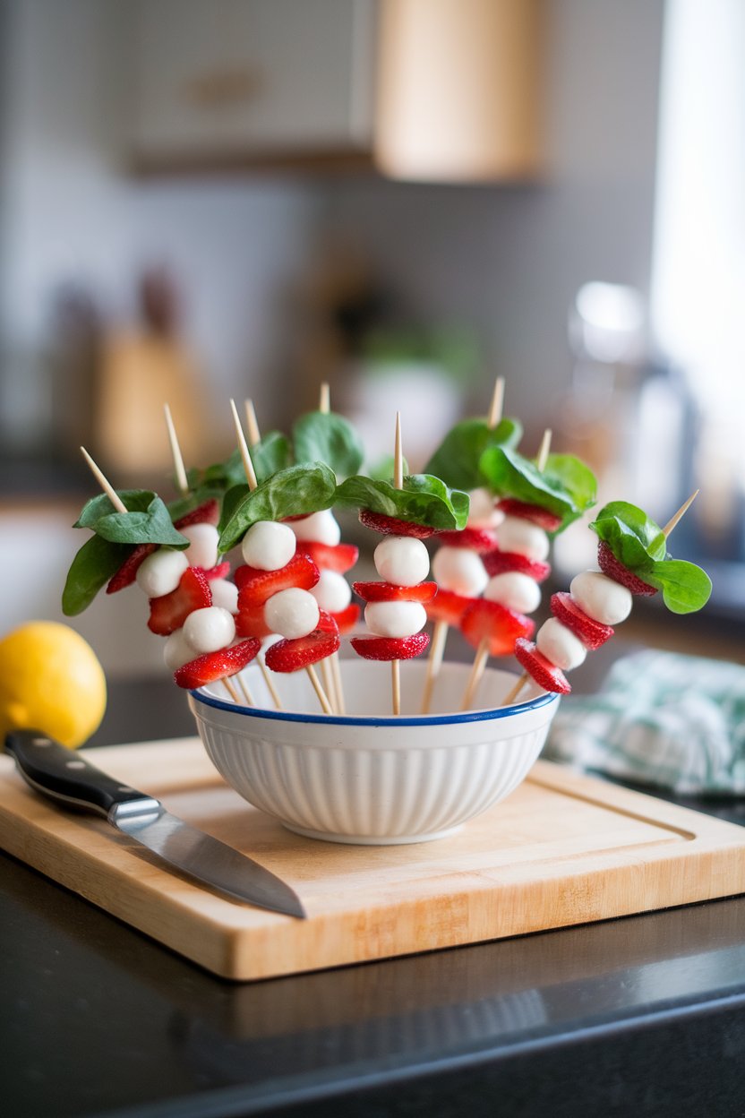 A cutting board on an indoor countertop displaying short skewers alternating baby spinach leaves, strawberry halves, and mozzarella pearls. Photo only, no branding.