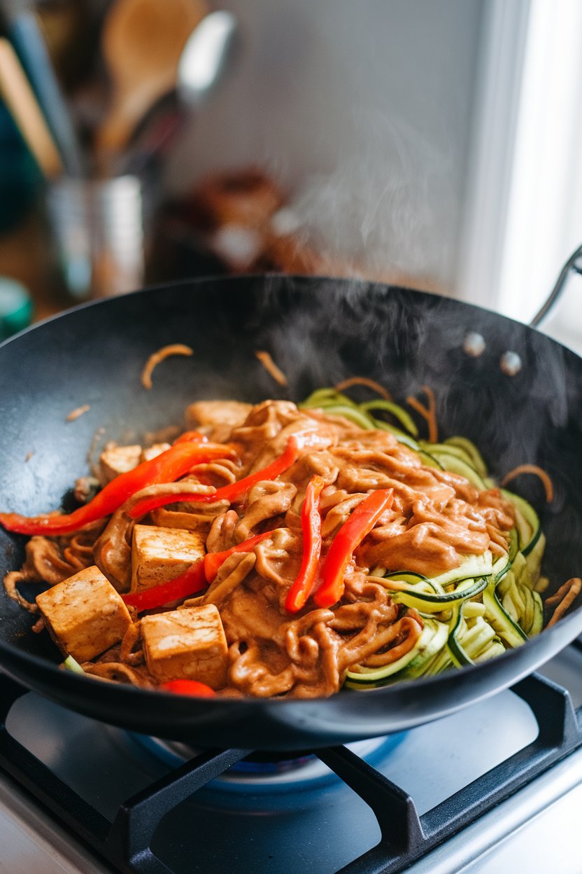 Indoor stovetop wok containing zucchini noodles coated in a glossy peanut sauce with bell pepper strips and tofu cubes; steam rising; photo, no text or logos.