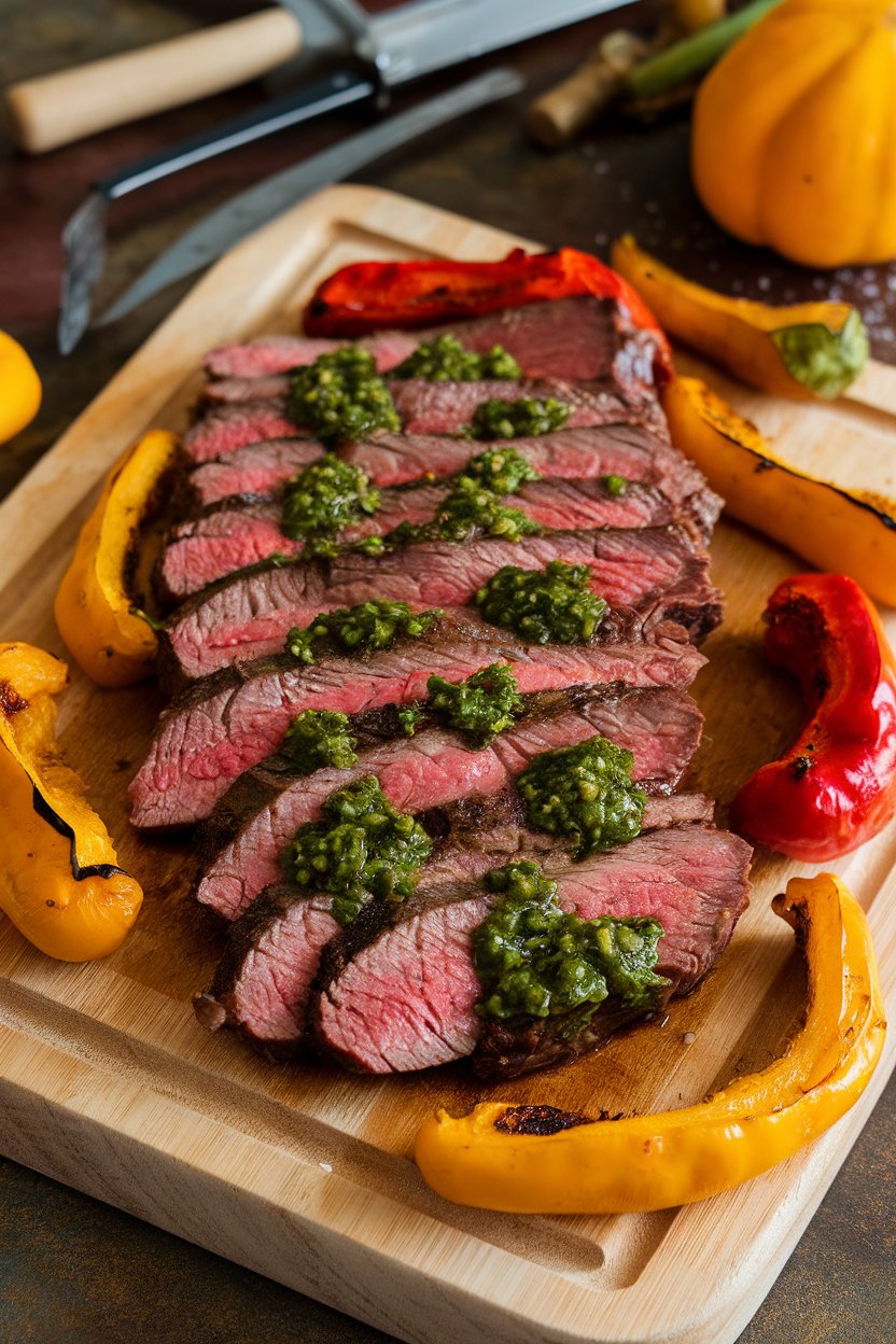An indoor carving board presenting sliced flank steak drizzled with green chimichurri, surrounded by roasted peppers and squash; no text or logos.