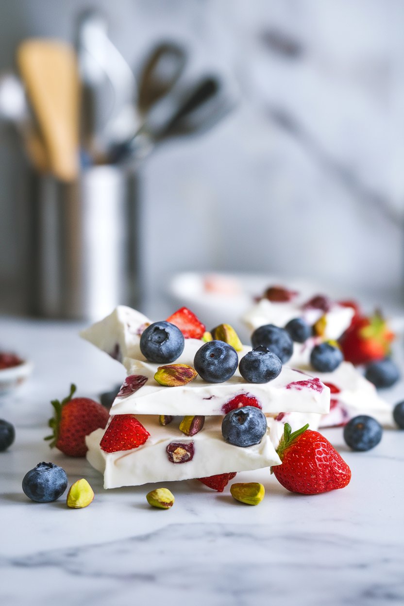 An indoor marble surface holding shards of white yogurt bark dotted with blueberries, strawberries, and pistachio pieces. Photo only, no text or logos.