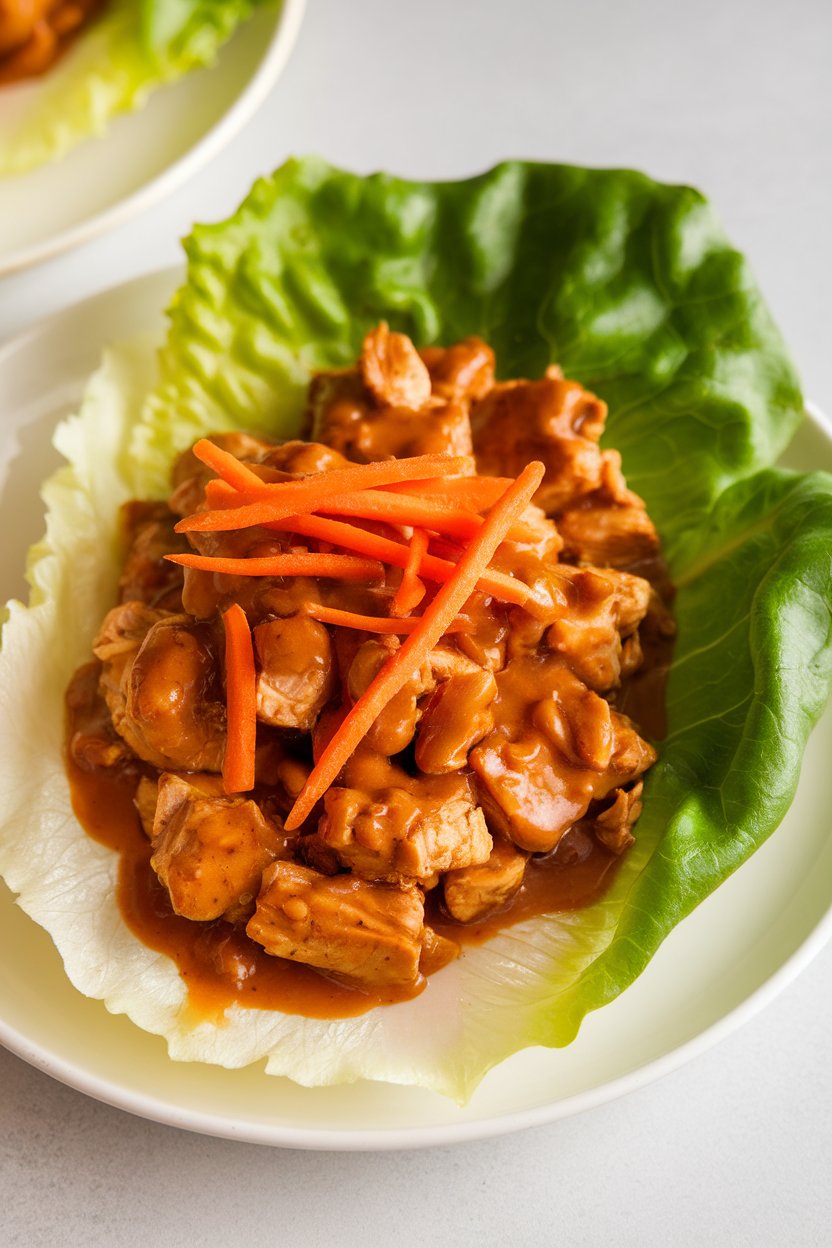 Indoor close-up of butter lettuce filled with diced chicken in a glossy peanut sauce, topped with shredded carrots. No logos or text.
