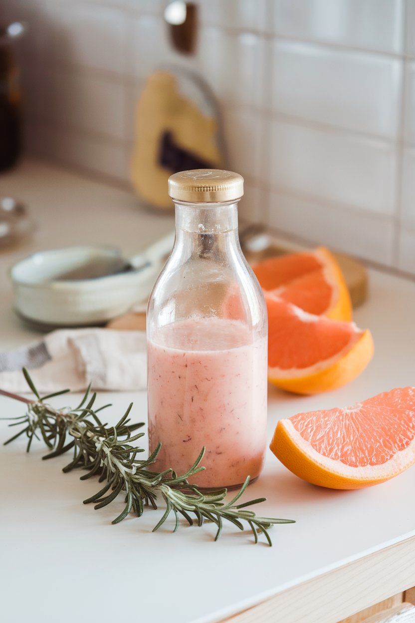 Indoor counter with a clear bottle of pale pink grapefruit rosemary dressing, rosemary sprigs and grapefruit wedges nearby. Photo, not illustration. No text or logos.