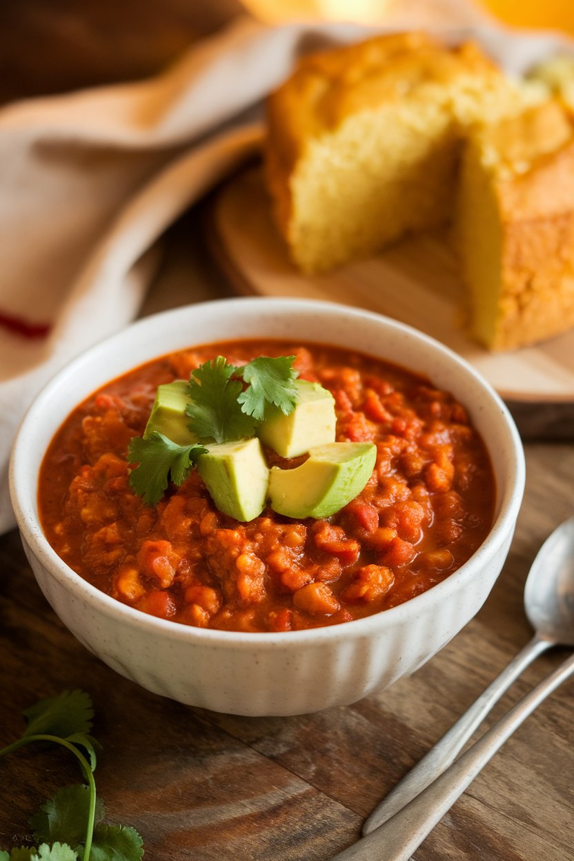 Indoor bowl of turkey chili garnished with avocado cubes and cilantro—no text or logos.