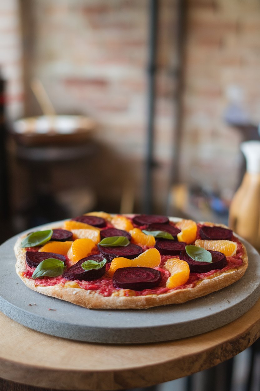 Indoor photo of barley flatbread pizza topped with roasted beet slices and orange segments on a stone plate, no text or logos