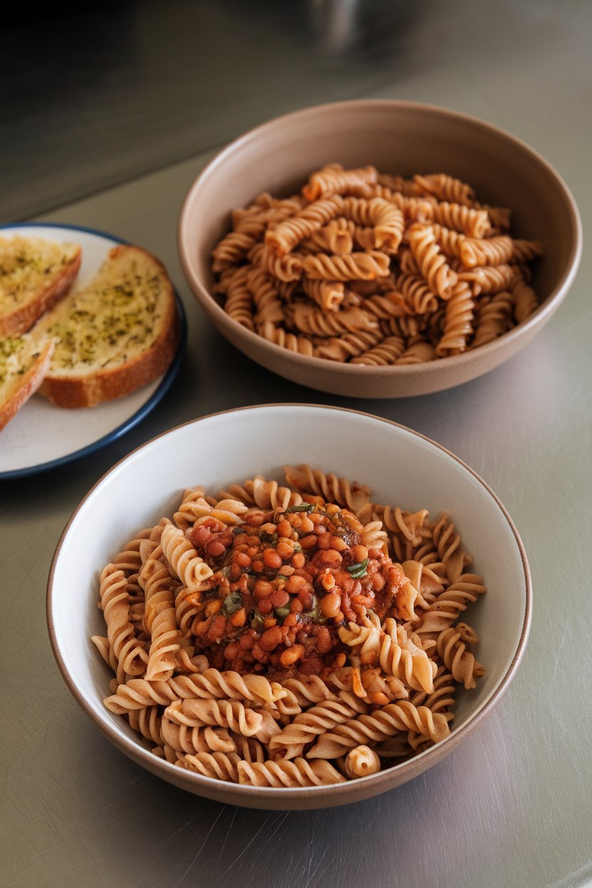 Photo of cooked whole-wheat penne and red lentil fusilli in separate bowls on a kitchen table, no text or logos.