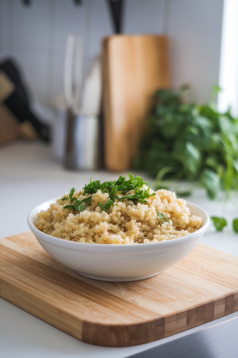 Indoor kitchen island with a white bowl of fluffy cooked quinoa garnished with chopped parsley. Soft lighting, no branding or text. Photo.