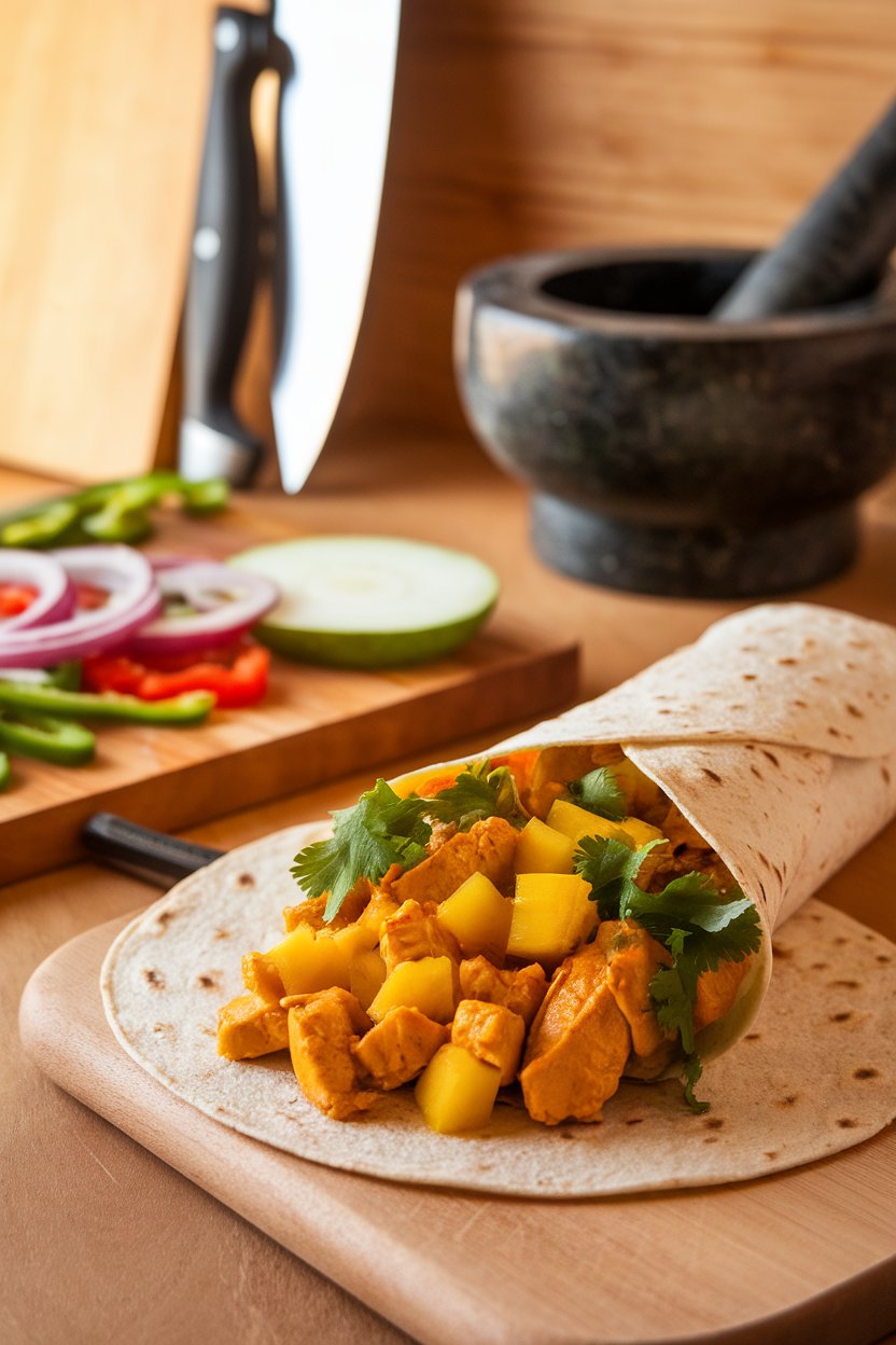 Indoor kitchen scene with a wrap brimming with curry-spiced chicken chunks, diced mango, and cilantro. Warm light, no text or logos.