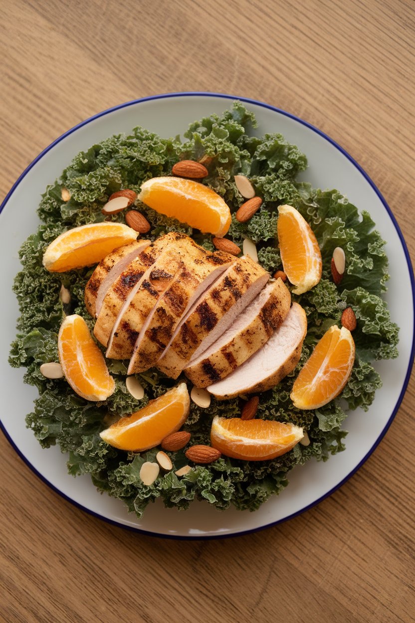 Indoor plate of massaged kale topped with sliced grilled chicken breast, orange segments, and slivered almonds—overhead shot, no text or logos.