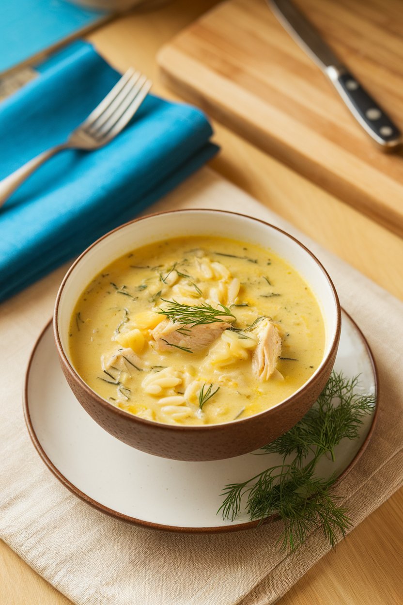 An indoor kitchen table with a bowl of creamy lemon chicken soup, orzo visible, garnished with dill; no text or logos; photo