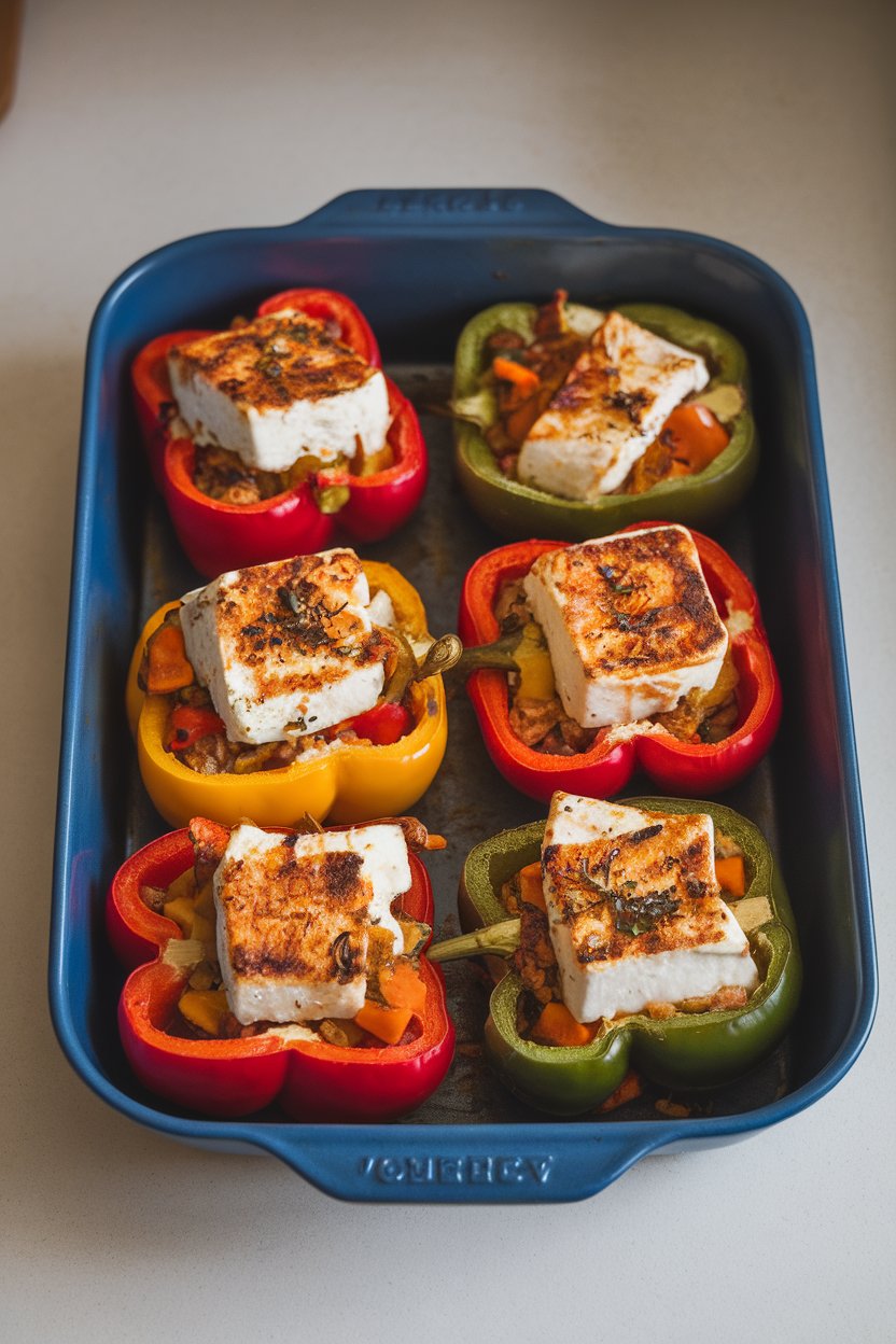 An indoor baking dish containing bell pepper halves stuffed with spiced paneer and vegetables, cheese lightly browned on top. No text or logos. Photo, not illustration.
