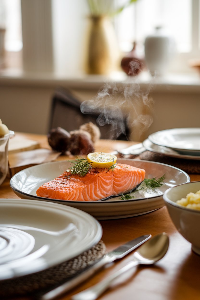 Warmly lit indoor dining table featuring a cooked salmon fillet topped with a squeeze of lemon and sprinkled dill, steam just visible. No raw fish, no text or logos. Photo only.