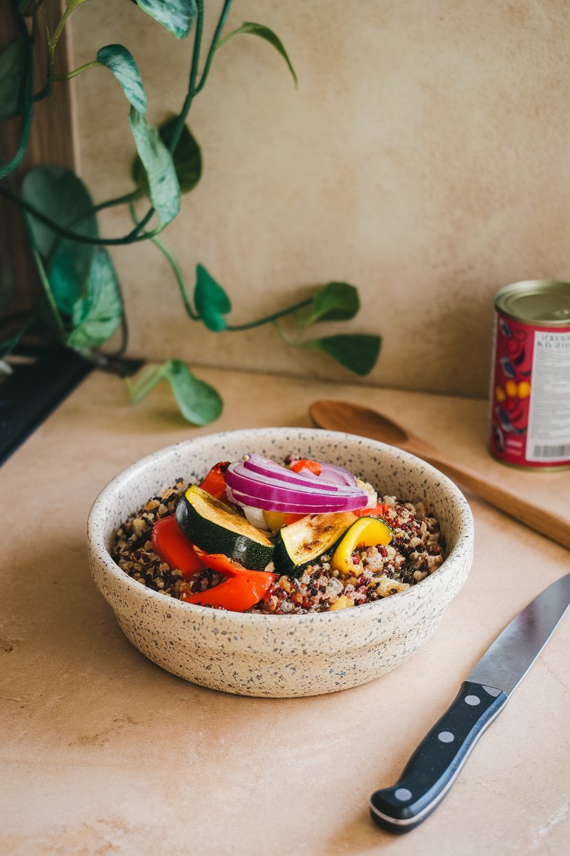 Photo of an indoor kitchen counter featuring a speckled stoneware bowl of tricolor quinoa topped with roasted zucchini, bell peppers, and red onion, no text or logos.