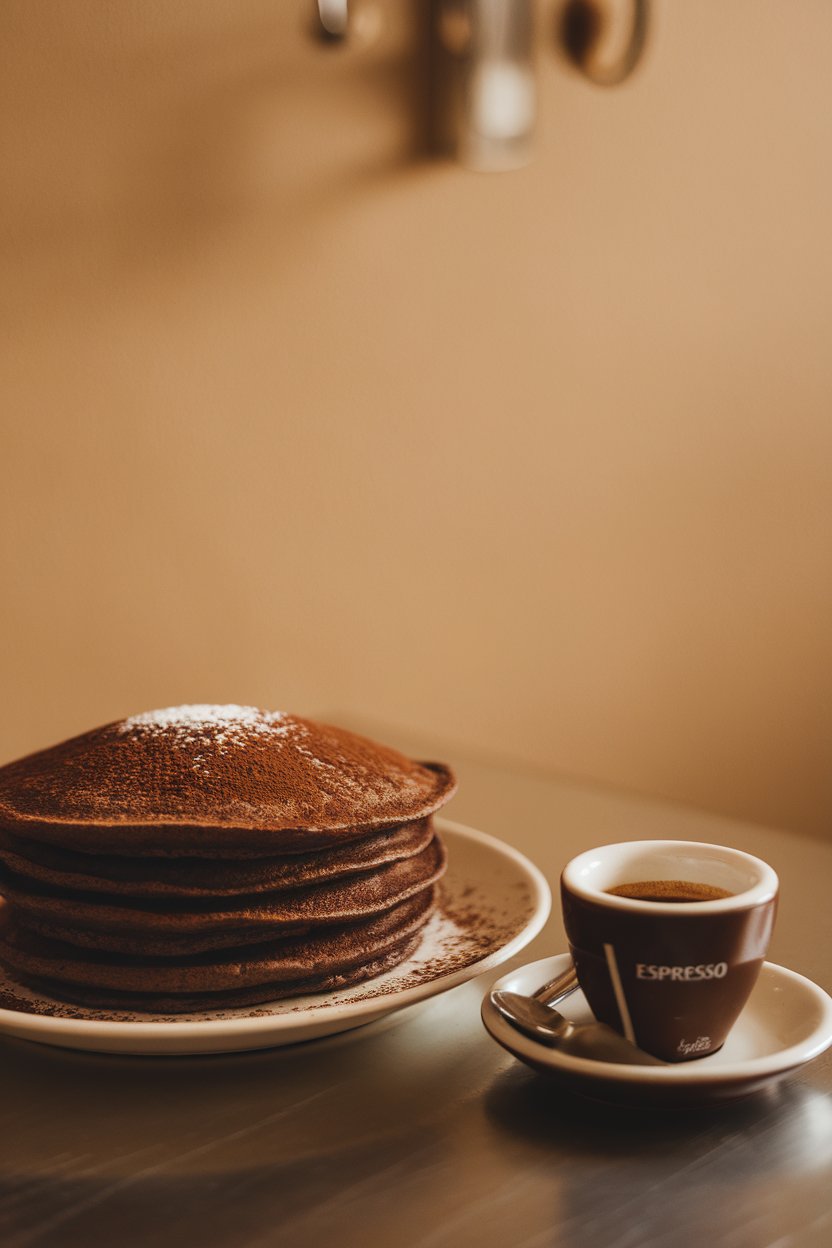 Warm indoor image of dark pancakes dusted with cocoa, espresso cup nearby; no logos.